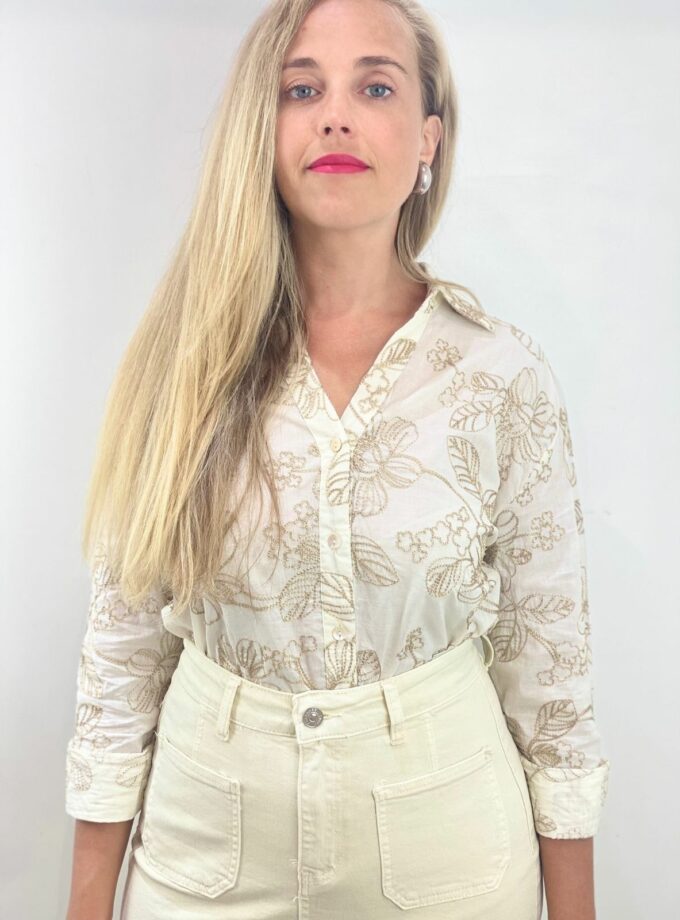 Camisa bordado flores beige