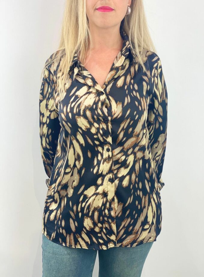 Camisa raso estampada animal print marrón