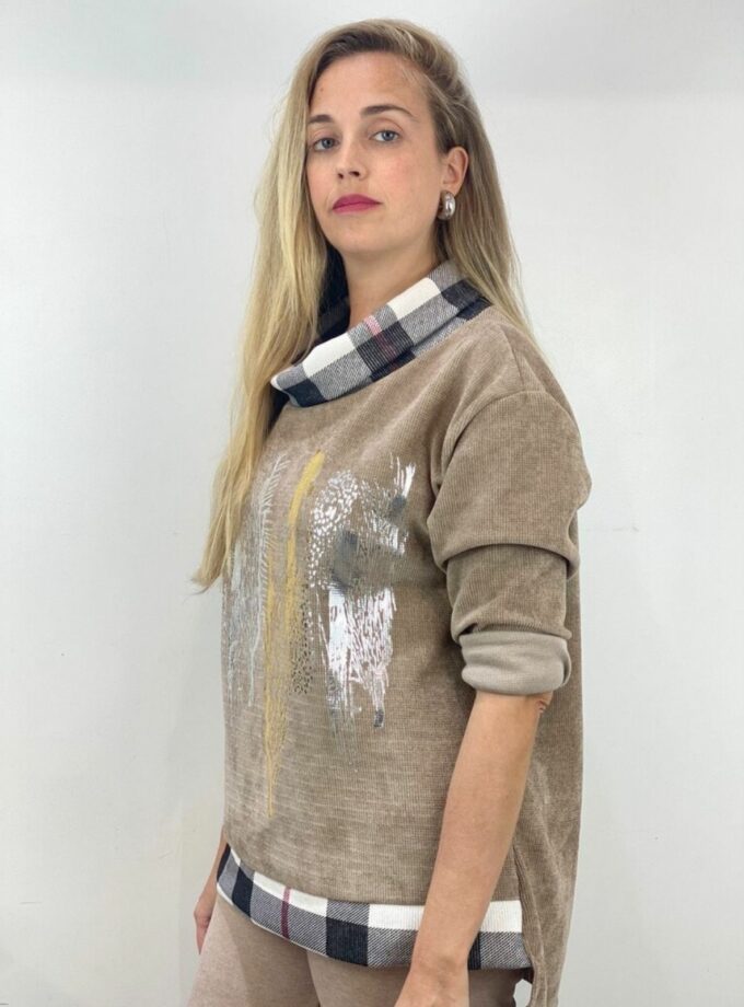 Sudadera panal con cuello cisnes cuadros