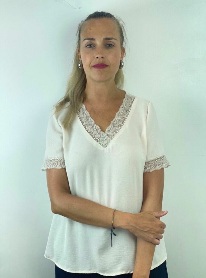 Camiseta lencera manga corta beige
